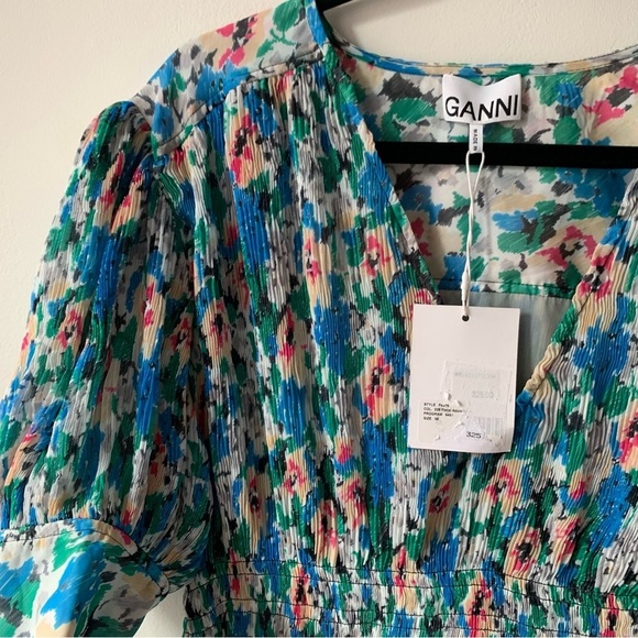 GANNI floral-print pleated Smocked Plissé Georgette midi dress - Picture 11 of 12